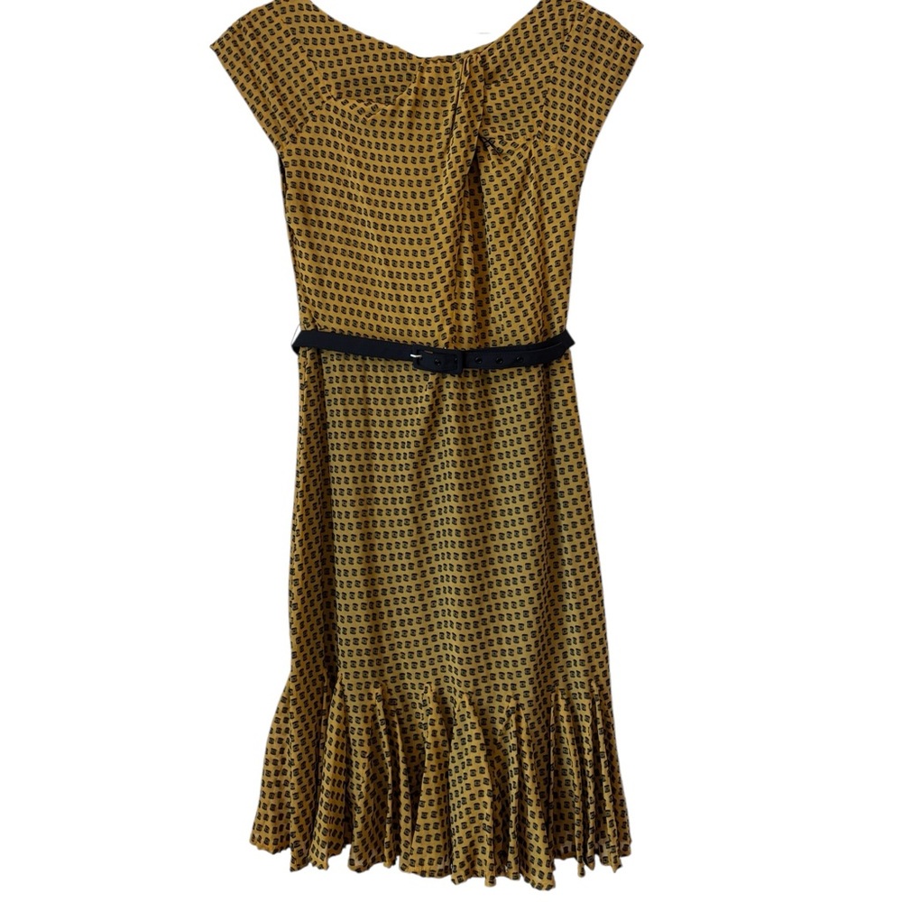 Eva Franco Silk Blend Belted Dress Sz 8 Mustard Yellow Black Pleated Hem Ruched
